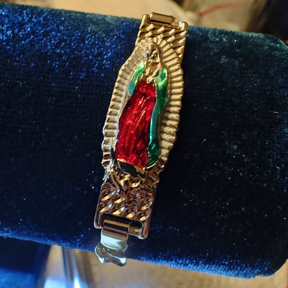Jewelry - Bracelet Gold Virgin of Guadalupe 18K Plated Figaro Link Italy 750 Enamel‎